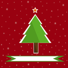 Christmas tree on red snowy background