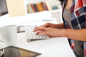Attractive female working at home.Blogging.