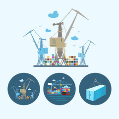 Set icons with   container,  the cranes