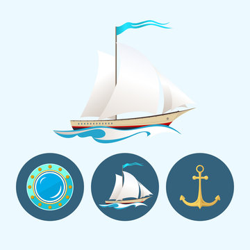 Set icons with   colored sailing vessel, anchor , porthole