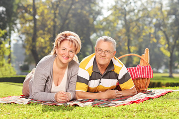 Mature couple lying on a blanket in park