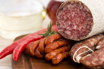 Different sausages and salami