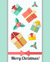 Christmas card with red ribbon and presents