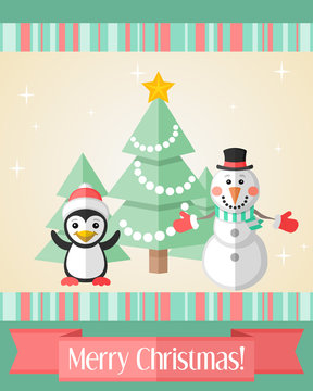 Christmas card with penguin and snowman and fir tree