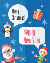 Christmas card with Santa Claus and elf and speech bubbles