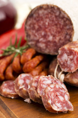 Different sausages and salami