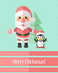 Christmas card with Santa Claus and penguin