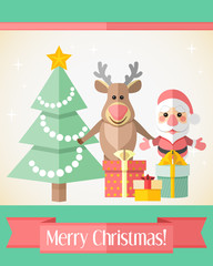 Christmas card with Santa Claus and reindeer and presents