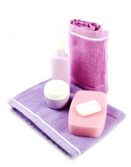 Obraz na płótnie Canvas Towel, soap and sponge