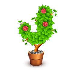 Isolated tree with flowers in clay pot. In the form of letter J