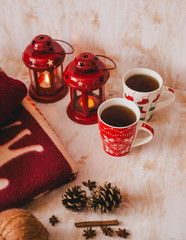 Christmas still life with XMAS letters, tea and present 