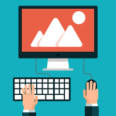 Workplace. Hand on laptop