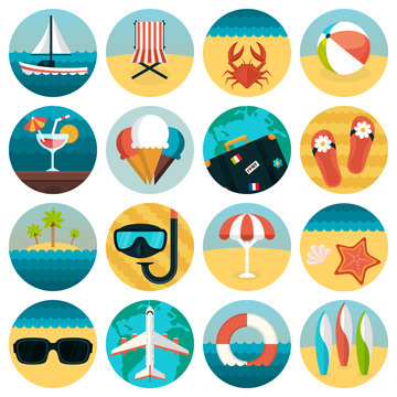 Set of flat summer rest icons combination. Traveling, tourism,