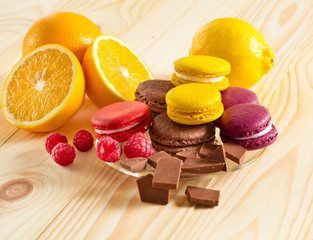 Macaroon with chocolate, berries and fruits