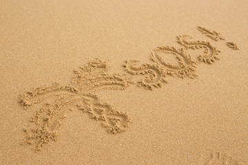 SOS and painted palm - Inscription on the sand of tropical beach