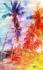 watercolor landscape with palm trees retro