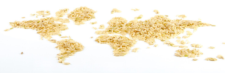 map of the world made of raw natural rice on white background