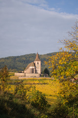 Eglise fortifiée dans les vignes en Automne sous l'orage