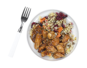 Chicken with rice TV dinner on small plate with fork