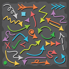 Colorful hand drawn direction arrow icons set