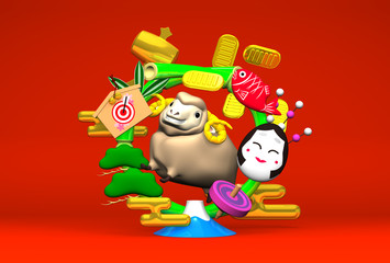 Smile Brown Sheep, New Year's Bamboo Wreath On Red