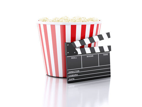 3d cinema clapper and popcorn