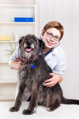 Vet examining a dog with a stethoscope in the office