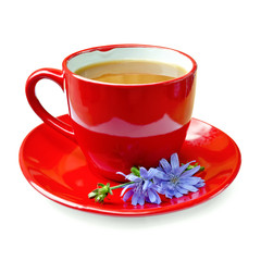 Chicory drink in red cup with flower