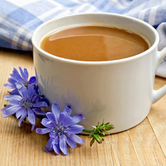 Chicory drink in white cup on board