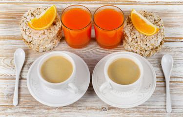 Healthy breakfast with two   coffee cups
