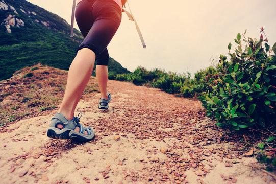 young fitness woman hiker legs on seaside mountain 