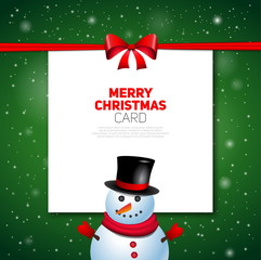 Merry Christmas greeting card with snowman, vector