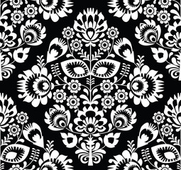 Polish folk art white seamless pattern on black - wzory lowickie