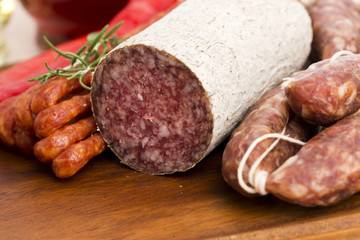 Different sausages and salami