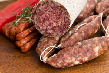 Different sausages and salami