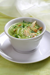 Pea soup with toasted almonds