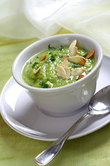 Pea soup with toasted almonds