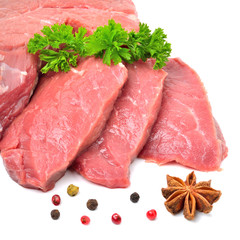Raw beef, meat slices isolated on white