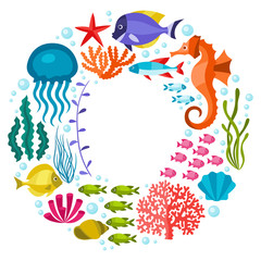 Fototapeta premium Marine life background design with sea animals.