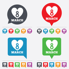 8 March Women's Day sign icon. Heart symbol.