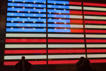 Night views of New York City, American Flag.