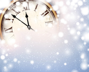 Fototapeta na wymiar New year clock with snowy background.