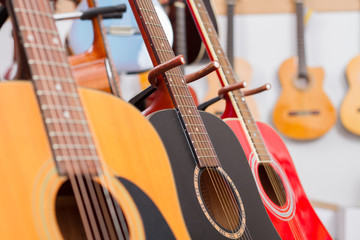 Close-up of guitars in a music shop