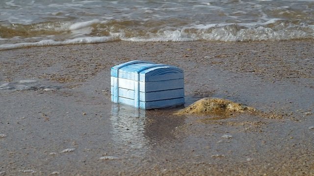 Empty treasure chest on a deserted island.