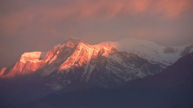Panorama of Himalayas mountains at sunset. Nepal.