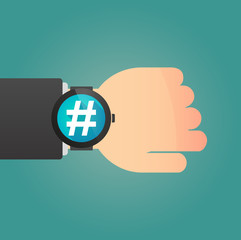 Hand with a smart watch displaying a hash tag