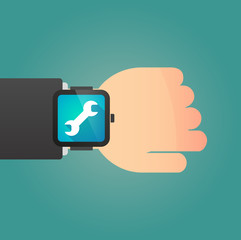 Hand with a smart watch displaying a monkey wrench