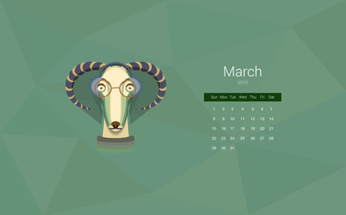 Calendar for 2015, the month of March, the year of the goat. All