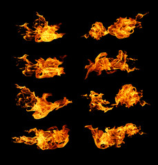 Fire flames collection isolated on black background