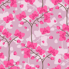 Seamless tropical pattern with stylized orchid flowers.